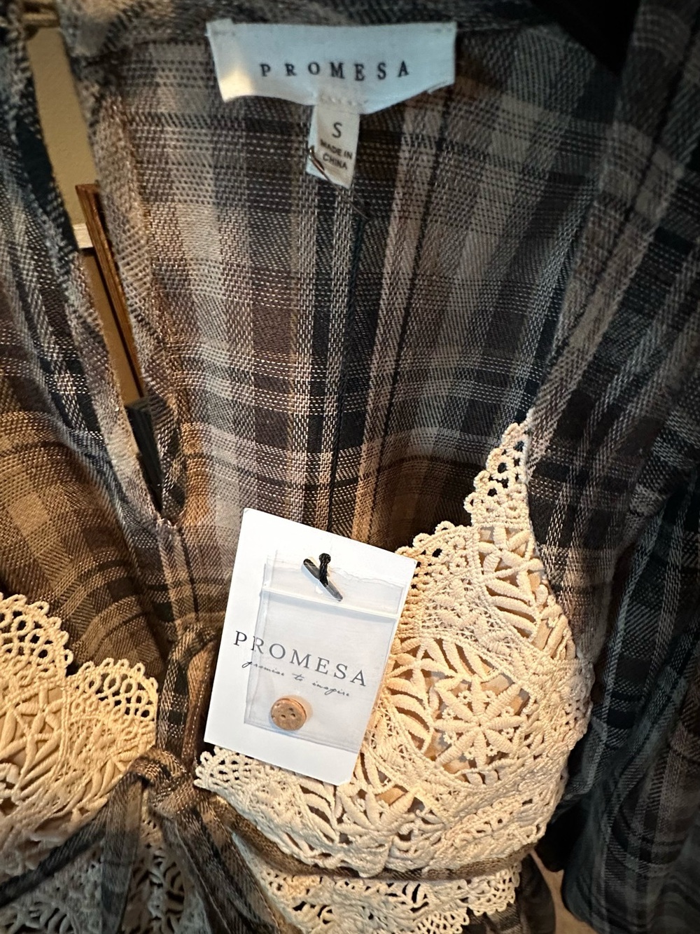 Promesa Brown Plaid Mini Dress with Cream Lace Bodice - Picture 5 of 5